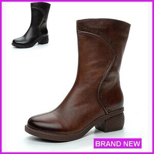 Genuine Leather Chunky Block Heel Mid Calf Boots Retro Pattern Side Zipper